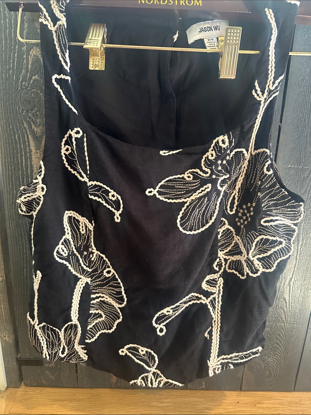 Jason Wu Black Camisole with White Floral Embroidery and Black and Gold Buttons